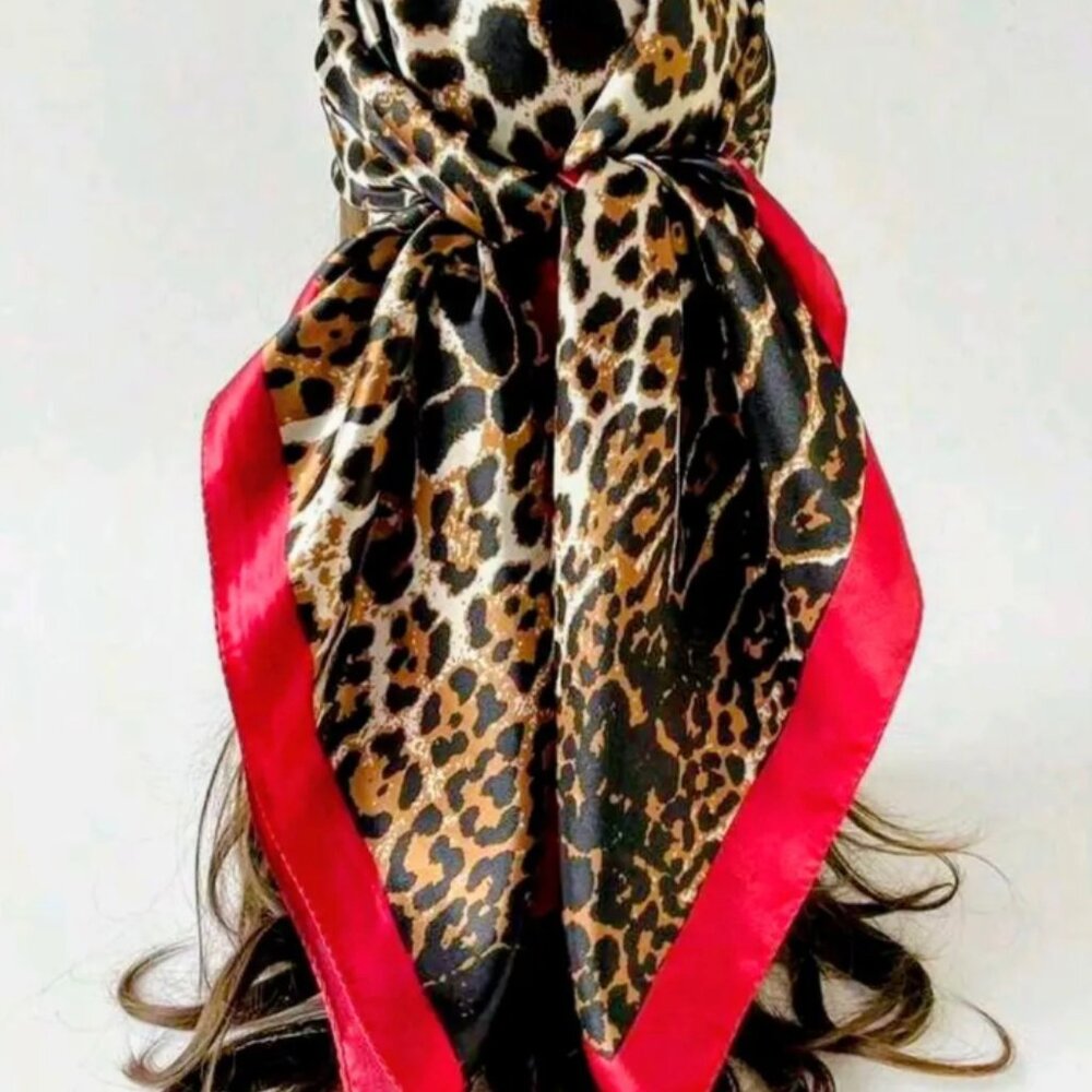 Red Trim Leopard Print Satin Scarf